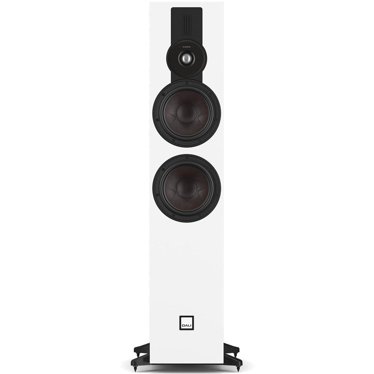 DALI Sonik 7 passive floorstanding speakers with sleek black cabinets and multiple drivers for high-quality sound.