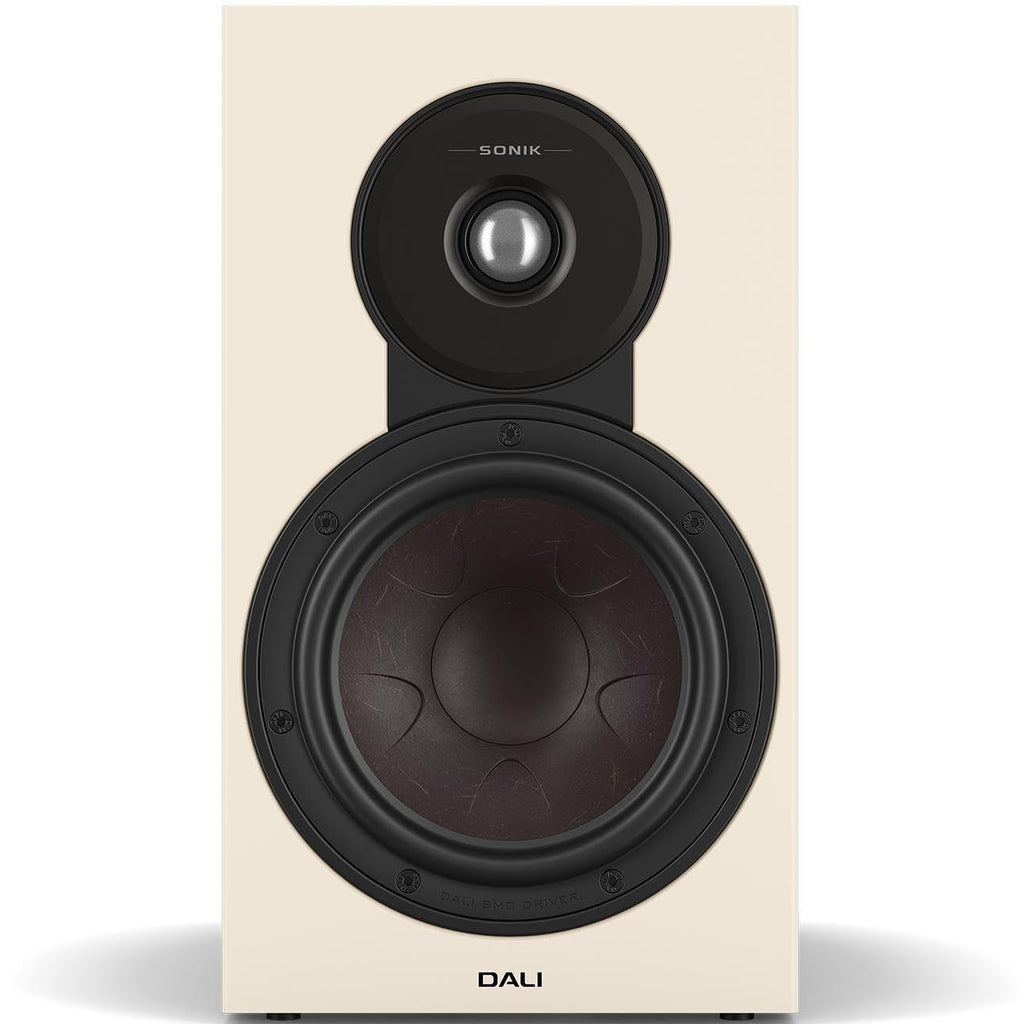 DALI Sonik 3 passive bookshelf speakers with black woodgrain finish, showcasing the front view with speaker grille and branding