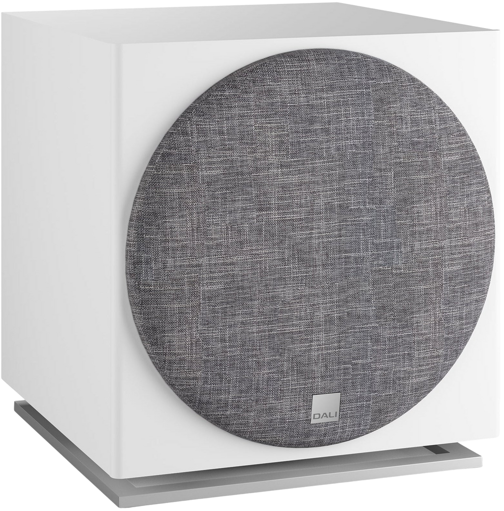 DALI Dali Sub E-12 F subwoofer with sleek black enclosure and front-firing driver, designed for deep bass in home audio systems.