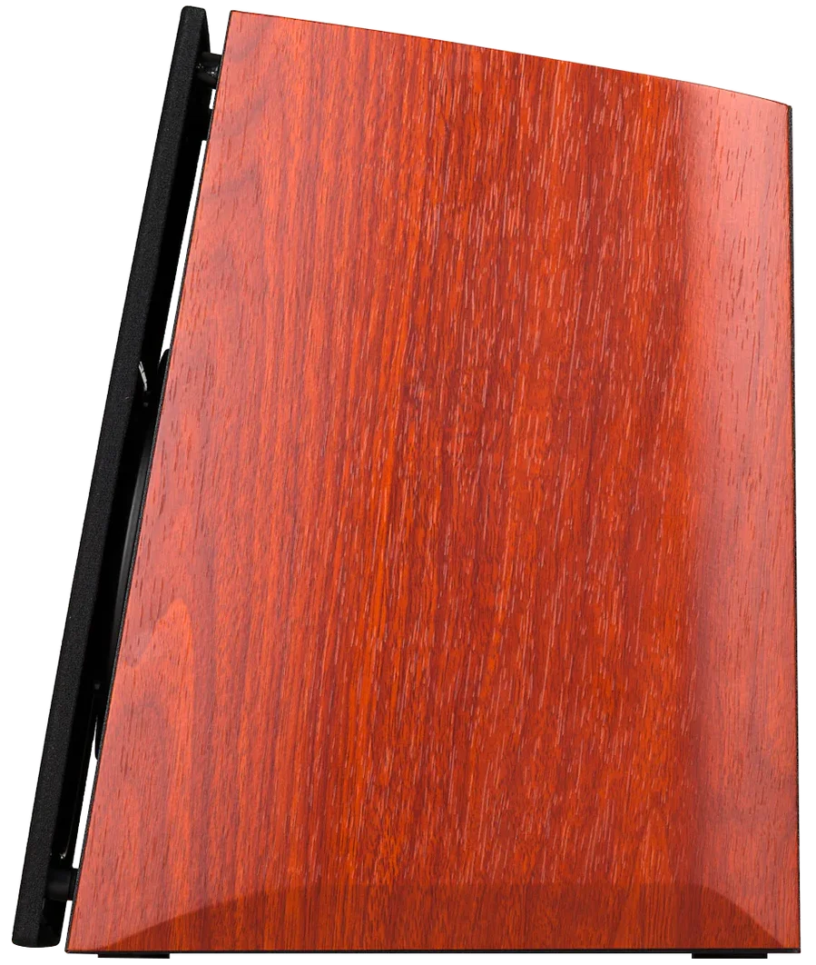 Edifier R2000DB active bookshelf speakers with wooden finish, showcasing front controls and speaker grilles on a clean background.