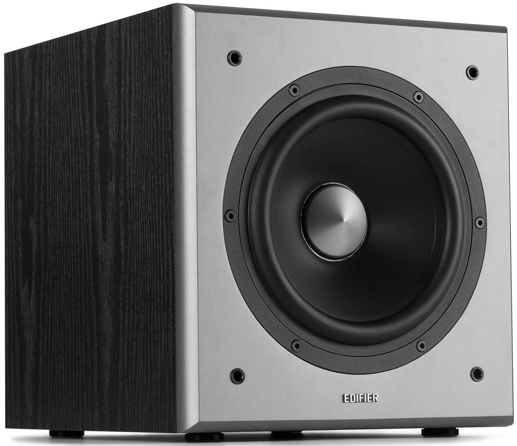 Black Edifier T5 powered subwoofer with sleek design, featuring control knobs and bass port for enhanced audio performance.