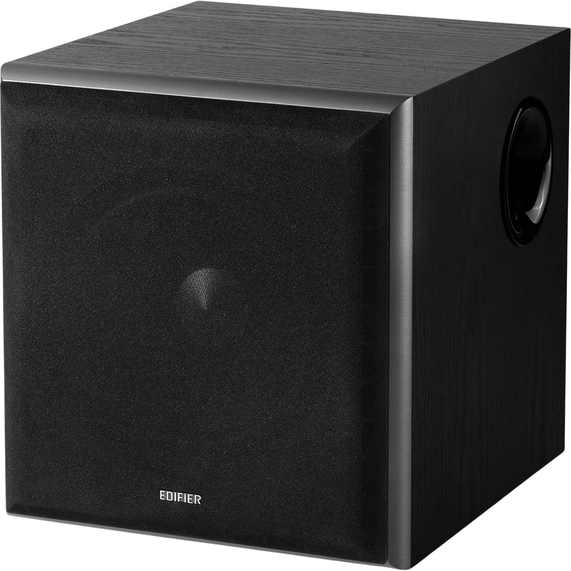 Edifier T5 powered subwoofer with sleek black design and control knob, showcasing a modern audio system component.