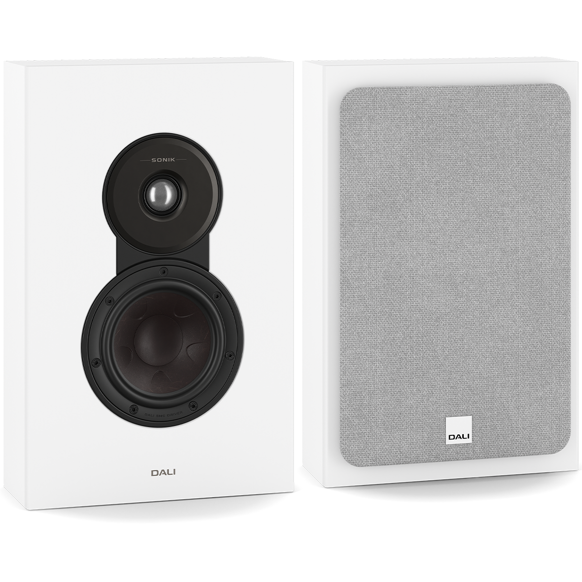 DALI Sonik On-Wall in-wall and outdoor speaker with sleek black design and grille, ideal for integrated home audio systems.