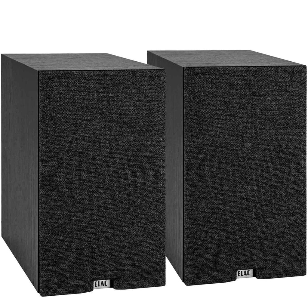 ELAC Debut B6.3 passive bookshelf speakers with black finish and modern design, showcasing front view with drivers and grilles.
