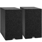 ELAC Debut B6.3 passive bookshelf speakers with black finish and modern design, showcasing front view with drivers and grilles.