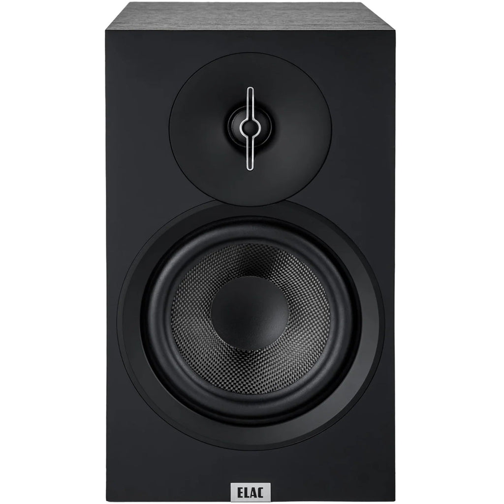 ELAC Debut B6.3 passive bookshelf speakers with black wood finish, showcasing their sleek design and compact size.