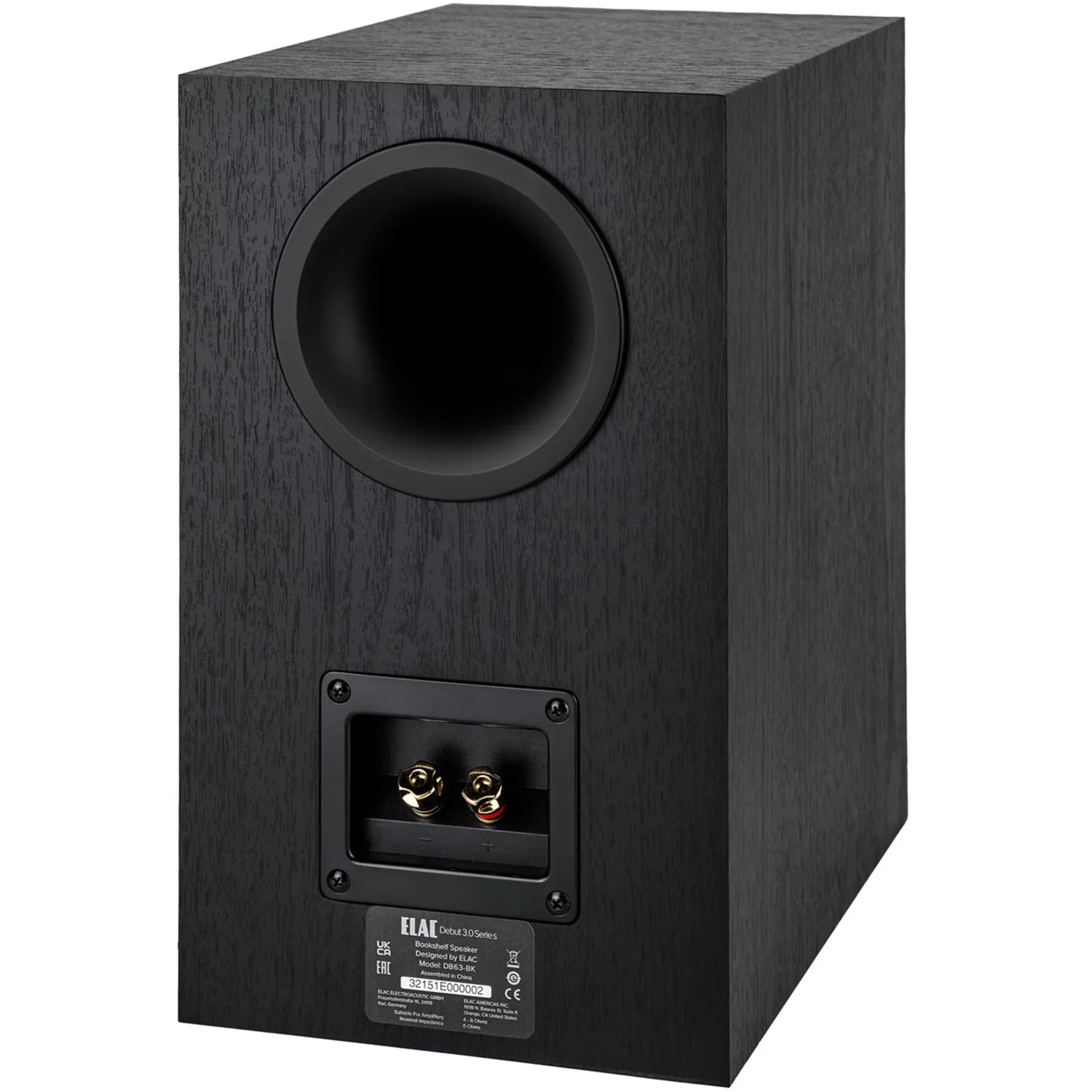 ELAC Debut B6.3 passive bookshelf speakers with black finish, featuring dual drivers and a sleek design for high-quality sound.