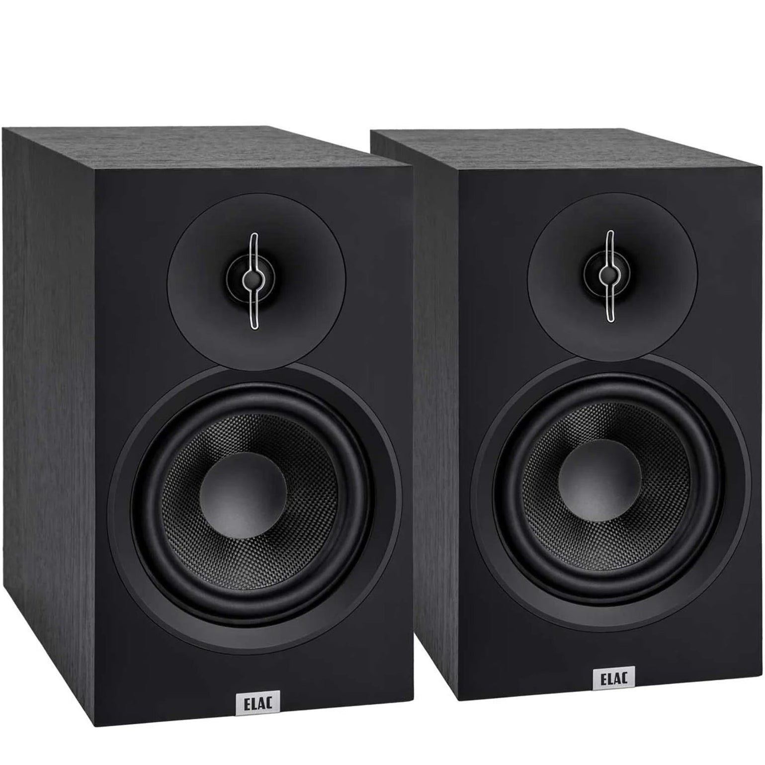 ELAC Debut B6.3 passive bookshelf speakers showing sleek black cabinets and front grilles in a home audio setup