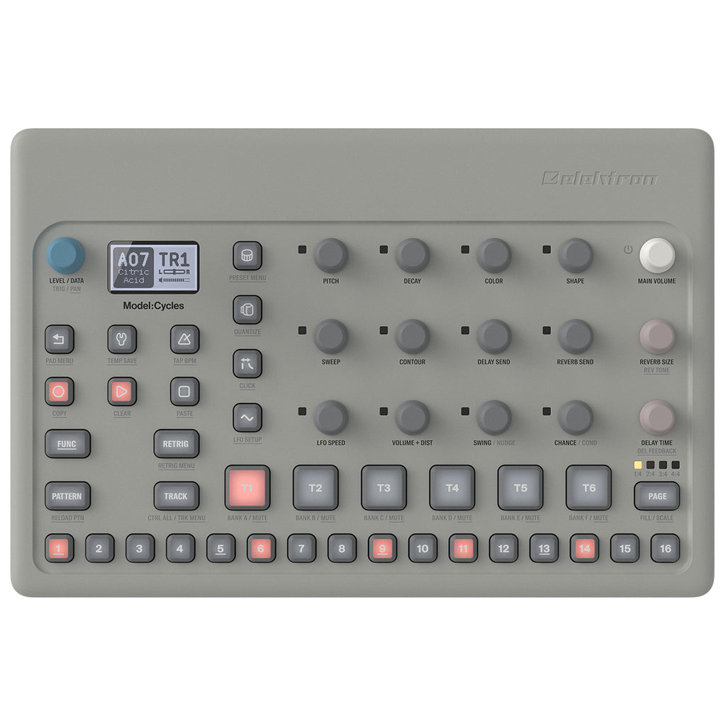 Elektron Model:Cycles drum machine and sampler with colorful buttons and knobs, designed for electronic music production.