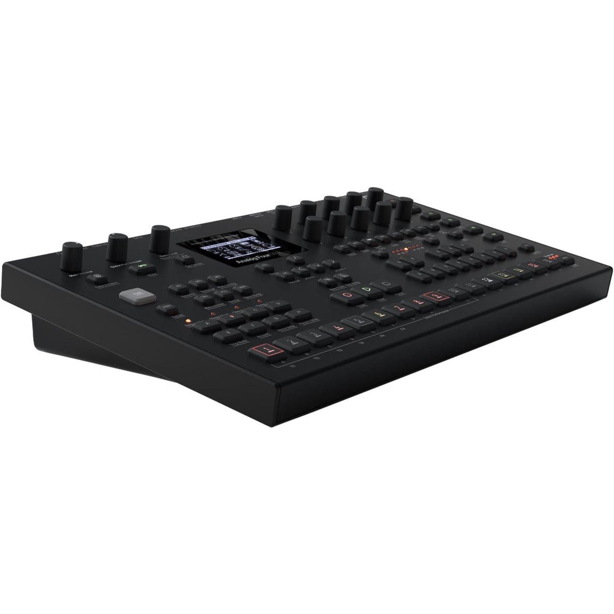 Elektron Analog Four MK2 synthesizer in black with control knobs, buttons, and display screen for versatile sound creation.