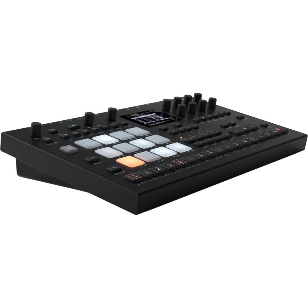 Elektron Analog Rytm MK2 synthesizer in black with knobs and pads, showcasing its professional electronic music production interface.