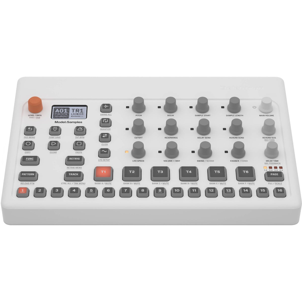 Elektron Model:Samples drum machine and sampler with various controls and pads for music production.