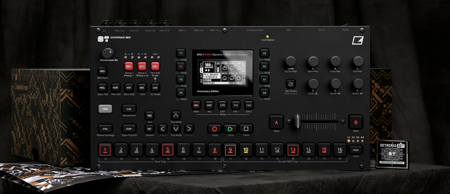 Black Elektron Octatrack MK2 drum machine and sampler with sleek design and control knobs, part of the anniversary edition.