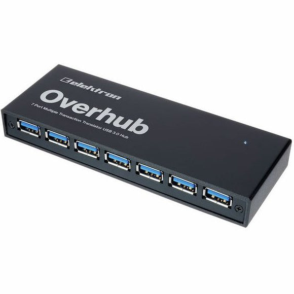 Elektron OH-7 Overhub docking station with multiple USB ports and sleek black design for versatile connectivity.