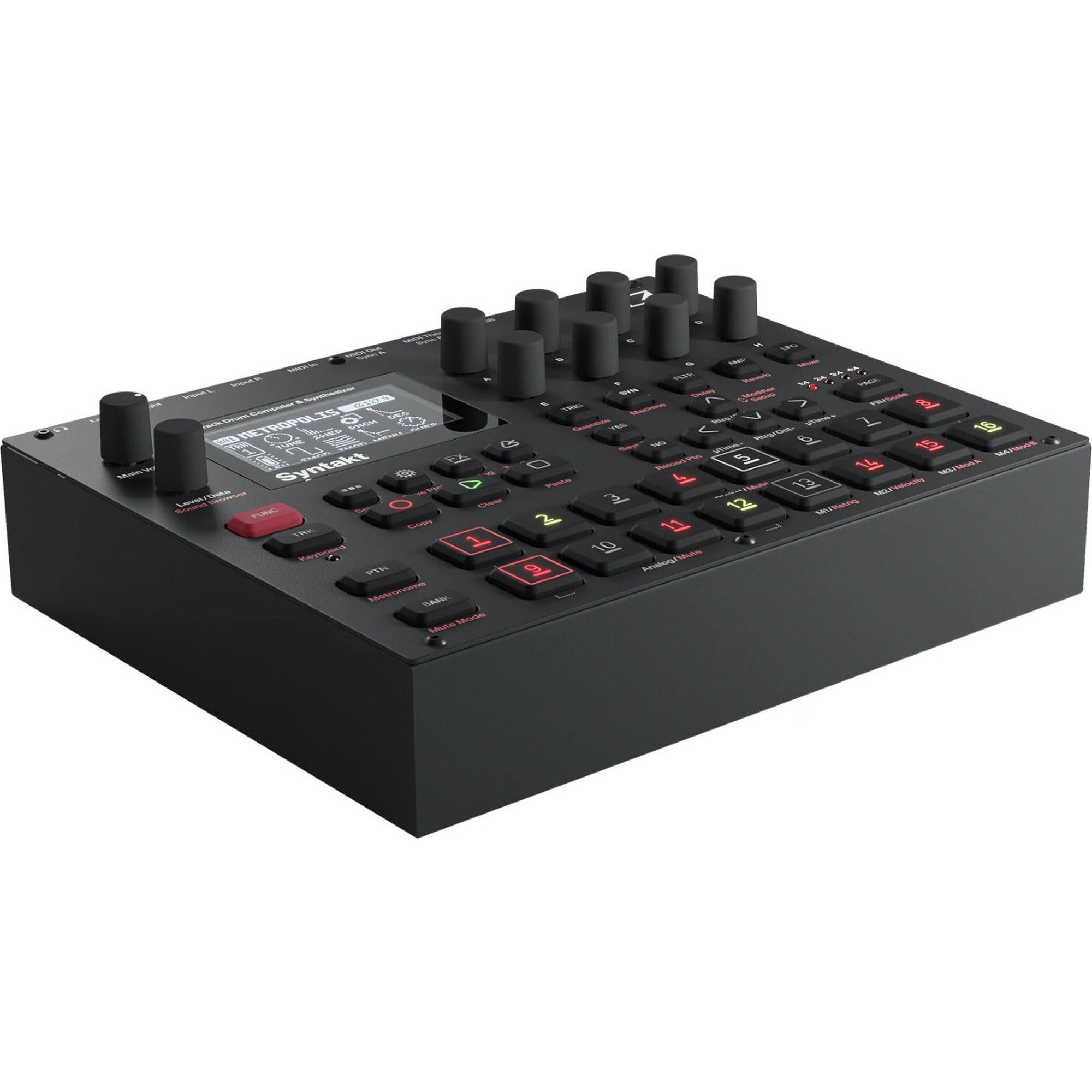 Elektron Syntakt drum machine and sampler with colorful interface and multiple knobs, showcasing its compact, professional music production design.