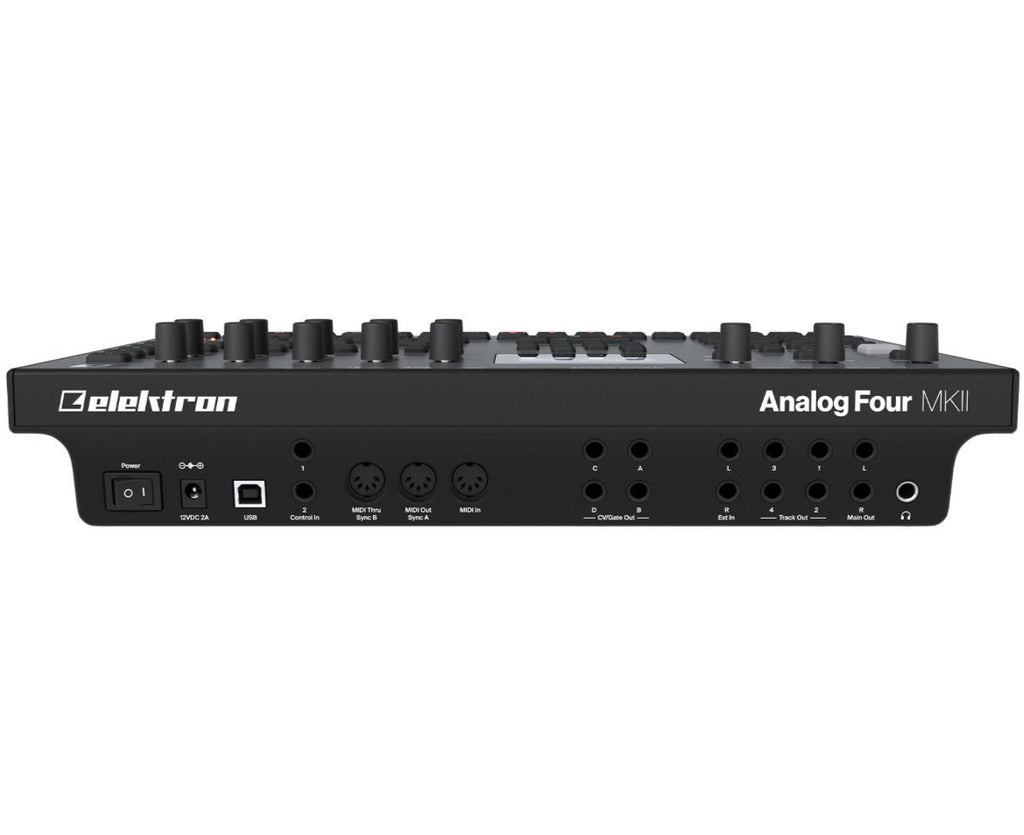 Black Elektron Analog Four MK2 synthesizer with knobs and buttons, showcasing its control interface and sleek design.