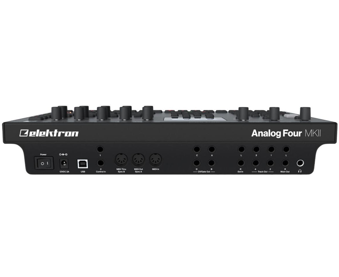 Black Elektron Analog Four MK2 synthesizer with knobs and buttons, showcasing its control interface and sleek design.