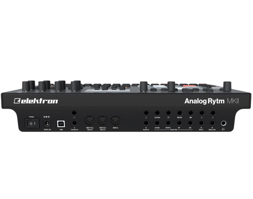 Black Elektron Analog Rytm MK2 synthesizer with knobs and pads, showcasing its professional electronic music production interface.