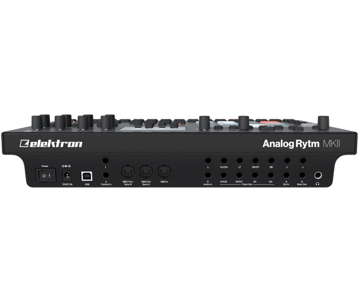 Black Elektron Analog Rytm MK2 synthesizer with knobs and pads, showcasing its professional electronic music production interface.