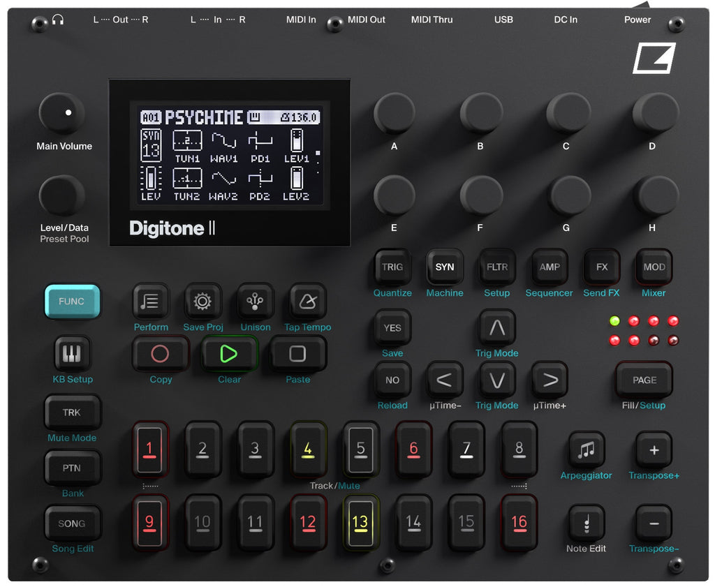Elektron Digitone II synthesizer with colorful control interface and multiple knobs, showing its compact electronic music production design.