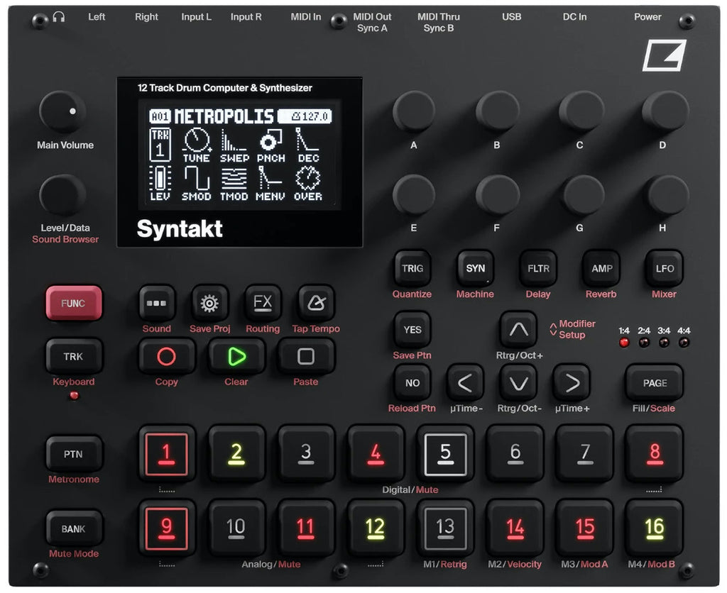 Elektron Syntakt drum machine and sampler with a sleek top view showing its control panel and colorful knobs.