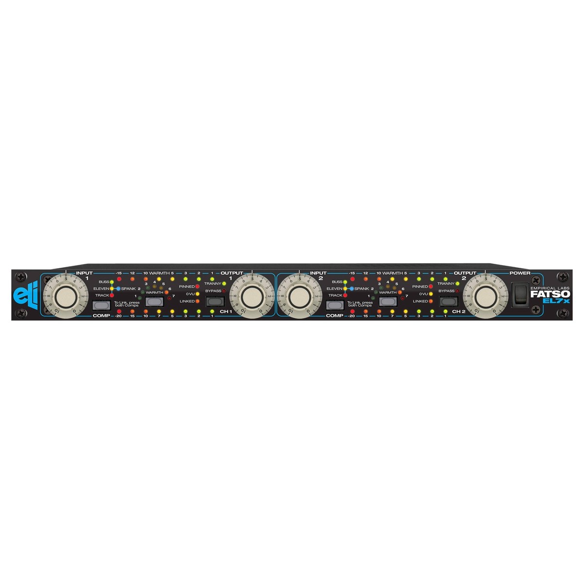 Empirical Labs Fatso EL7x audio processor with sleek design and control knobs on a dark background.