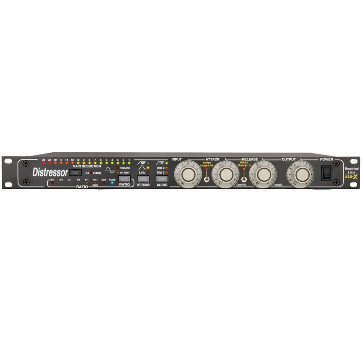 Empirical Labs EL8X Distressor audio compressor with sleek design and control knobs displayed in a studio setting.