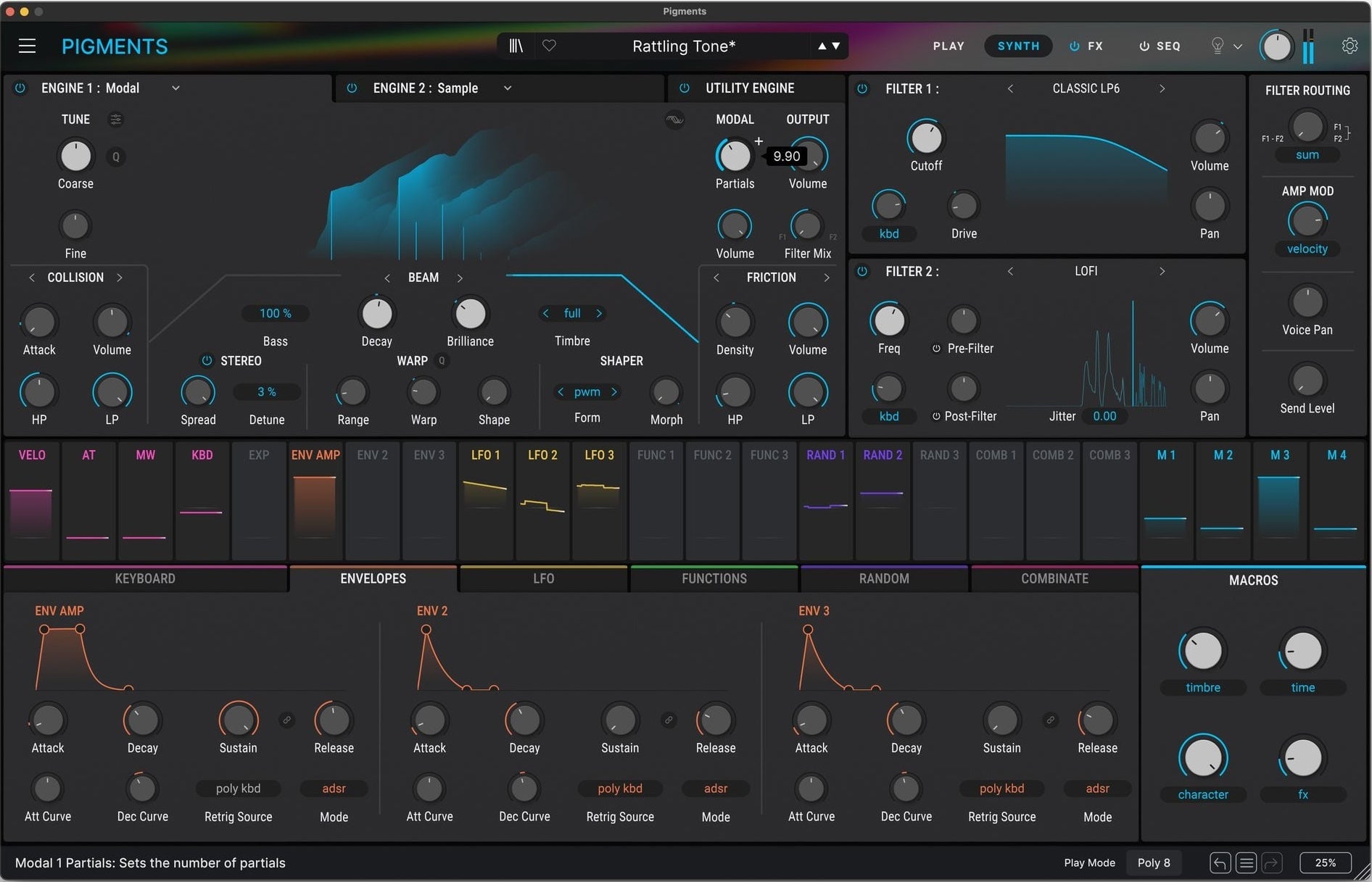 Arturia Pigments 6 music production software interface showing envelopes and modulation controls on a digital screen.