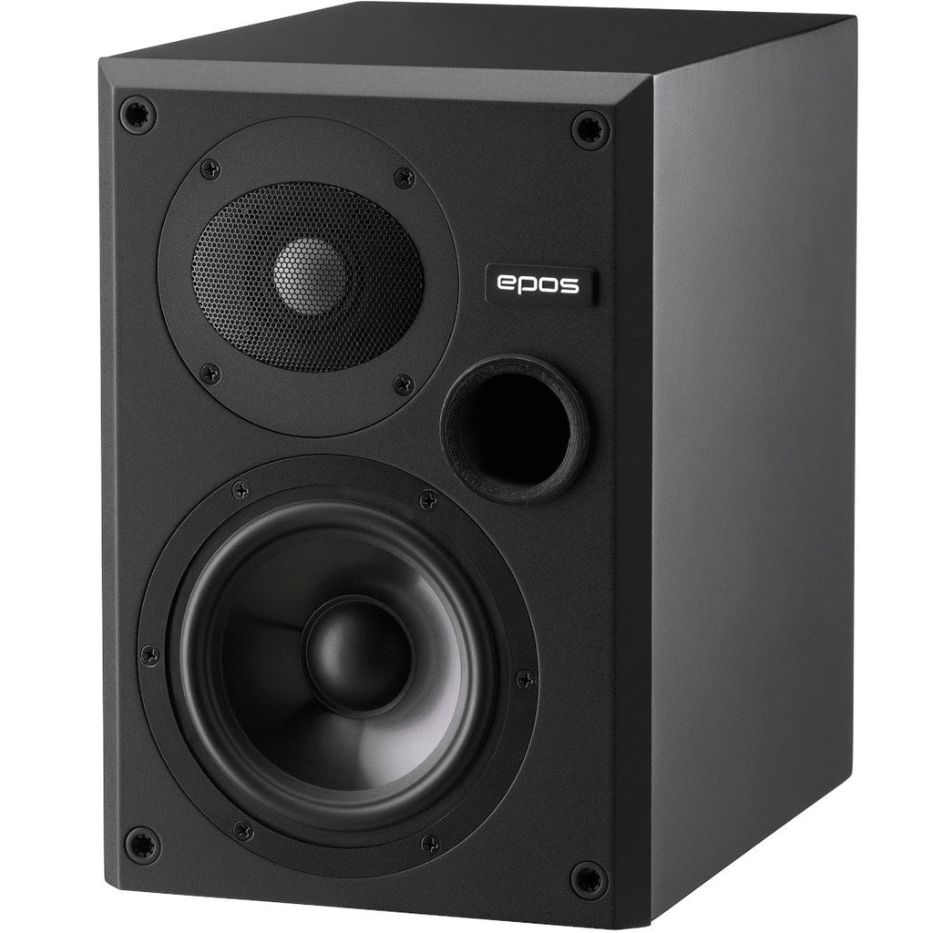 Epos ES-7N passive bookshelf speakers in black, front and side view showing sleek design and speaker grille.