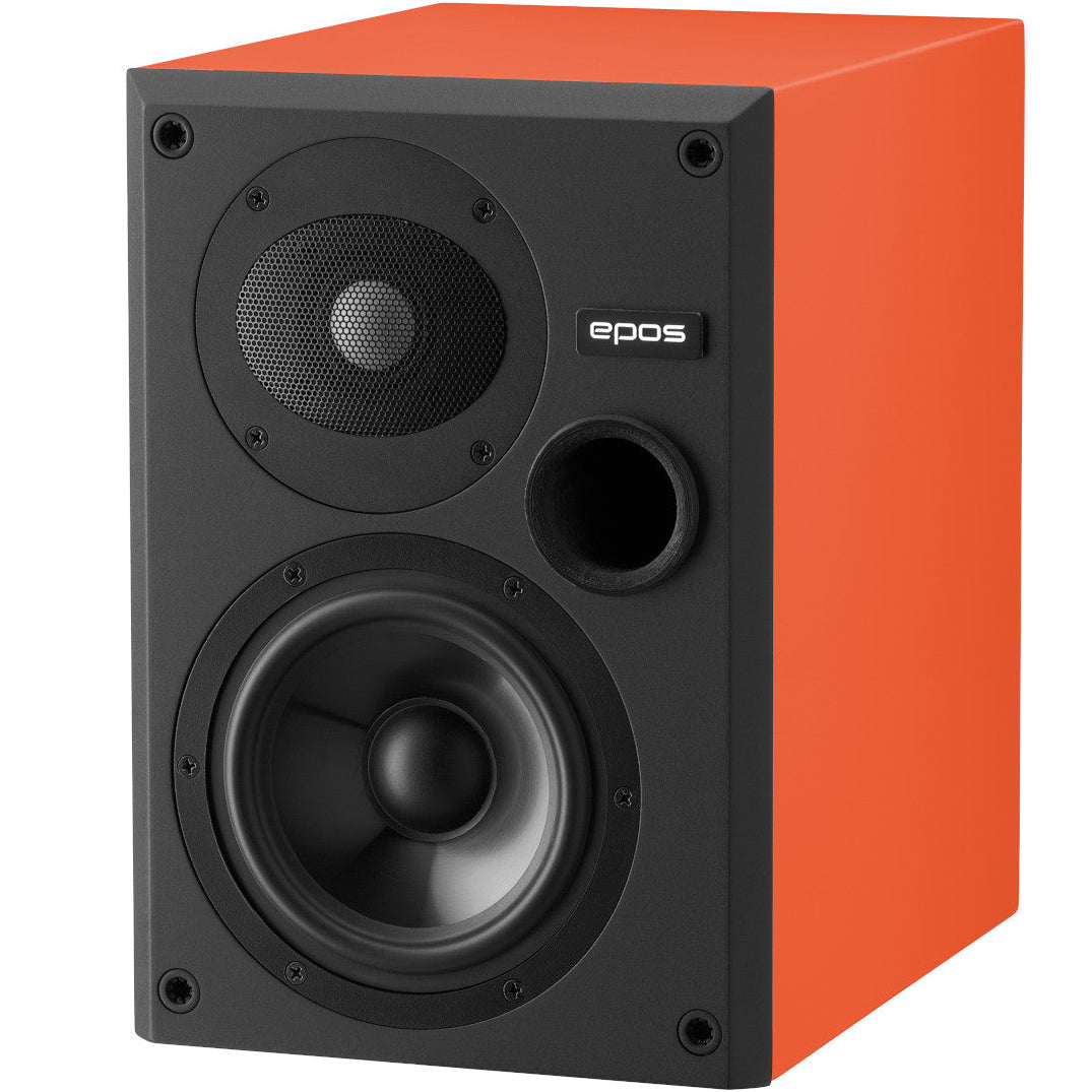 Epos ES-7N passive bookshelf speakers with orange front grille and wooden finish, showcasing their compact design and front-side view.