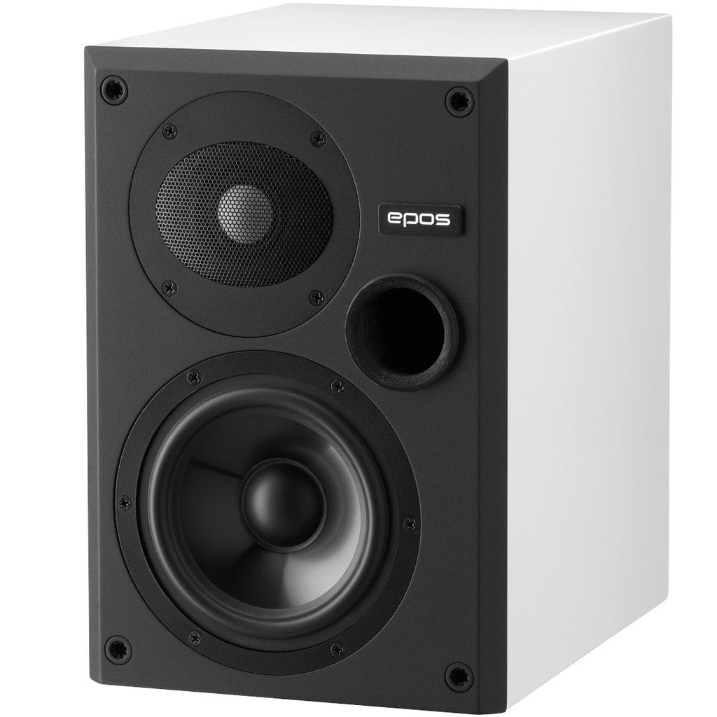 Epos ES-7N passive bookshelf speakers with a white finish, showing the front and side view of the compact design.