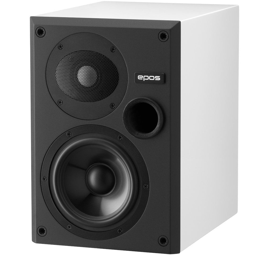 Epos ES-7N passive bookshelf speakers with a white finish, showing the front and side view of the compact design.