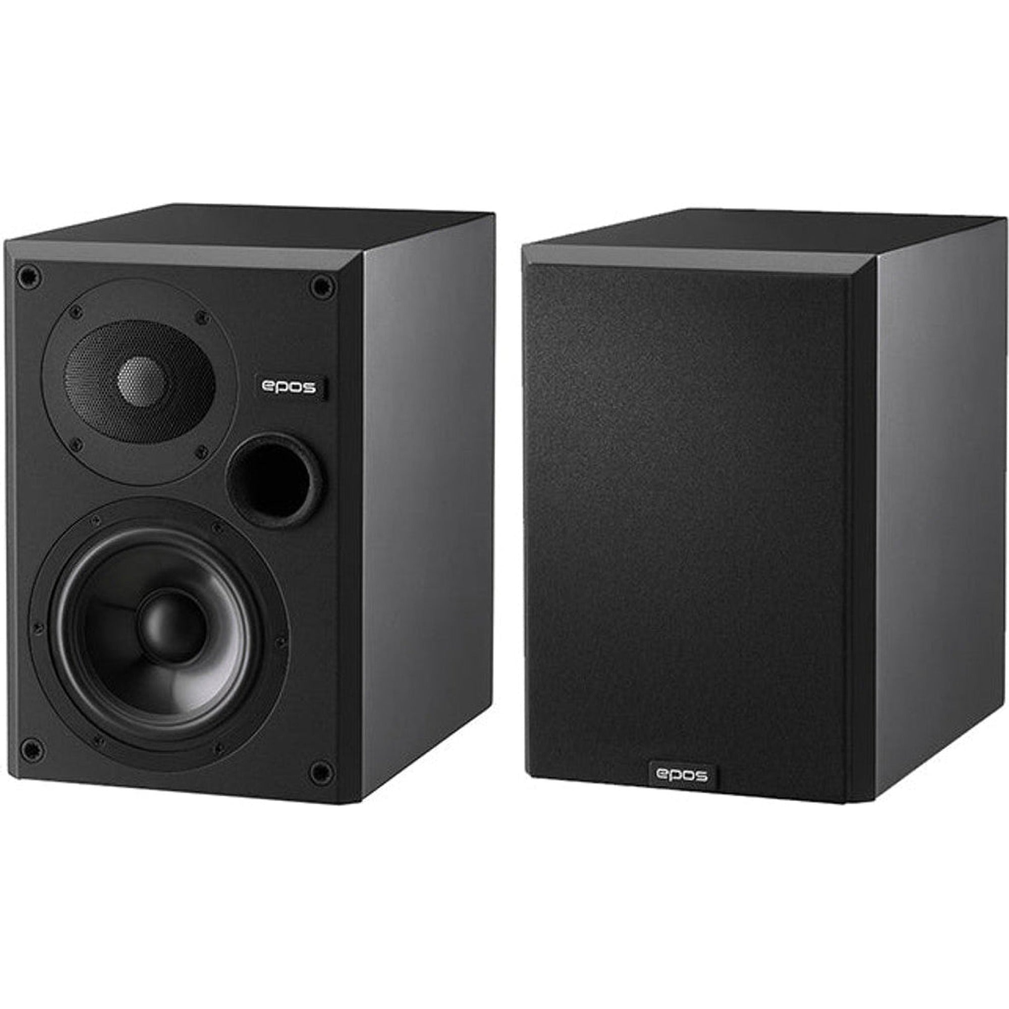 Epos ES-7N passive bookshelf speakers with sleek black finish and compact design, ideal for high-quality home audio.