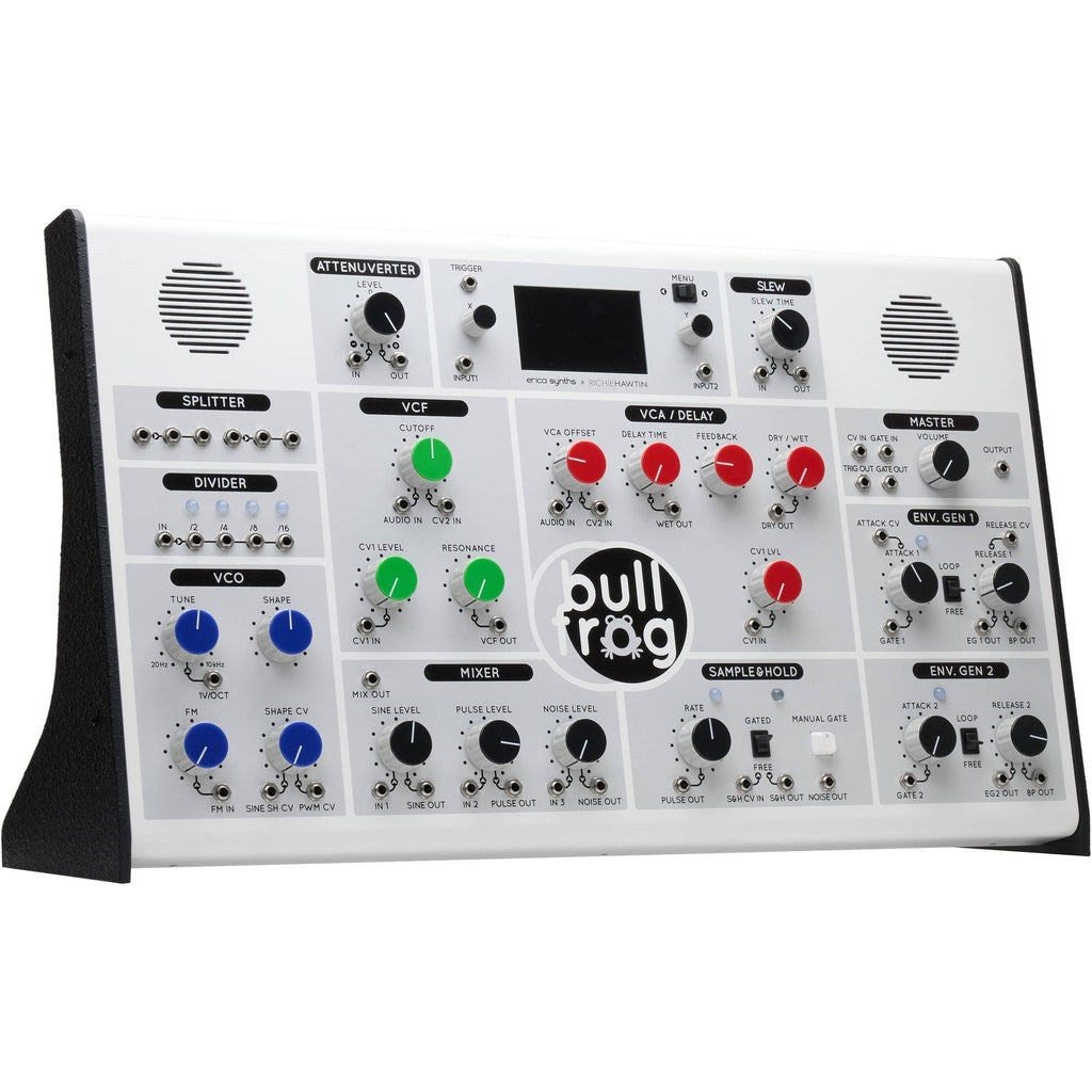 Erica Synths Bullfrog XL desktop synthesizer with multiple knobs and patch points, showcasing its compact modular design.