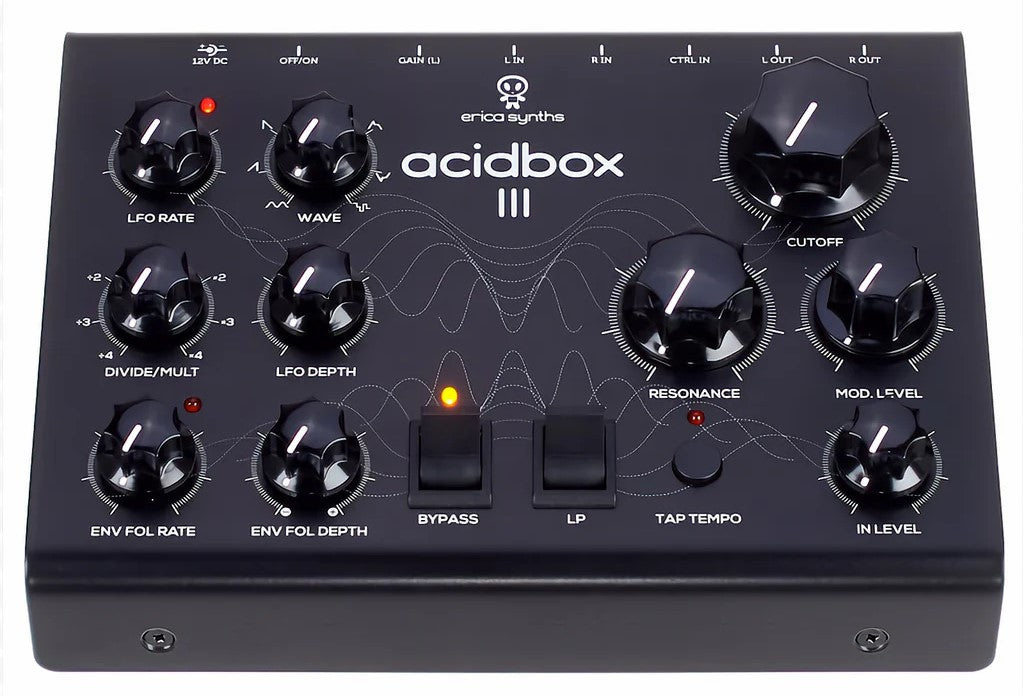 Erica Synths Acidbox III effects unit with knobs and inputs, designed for synthesizer sound modulation and acid basslines.
