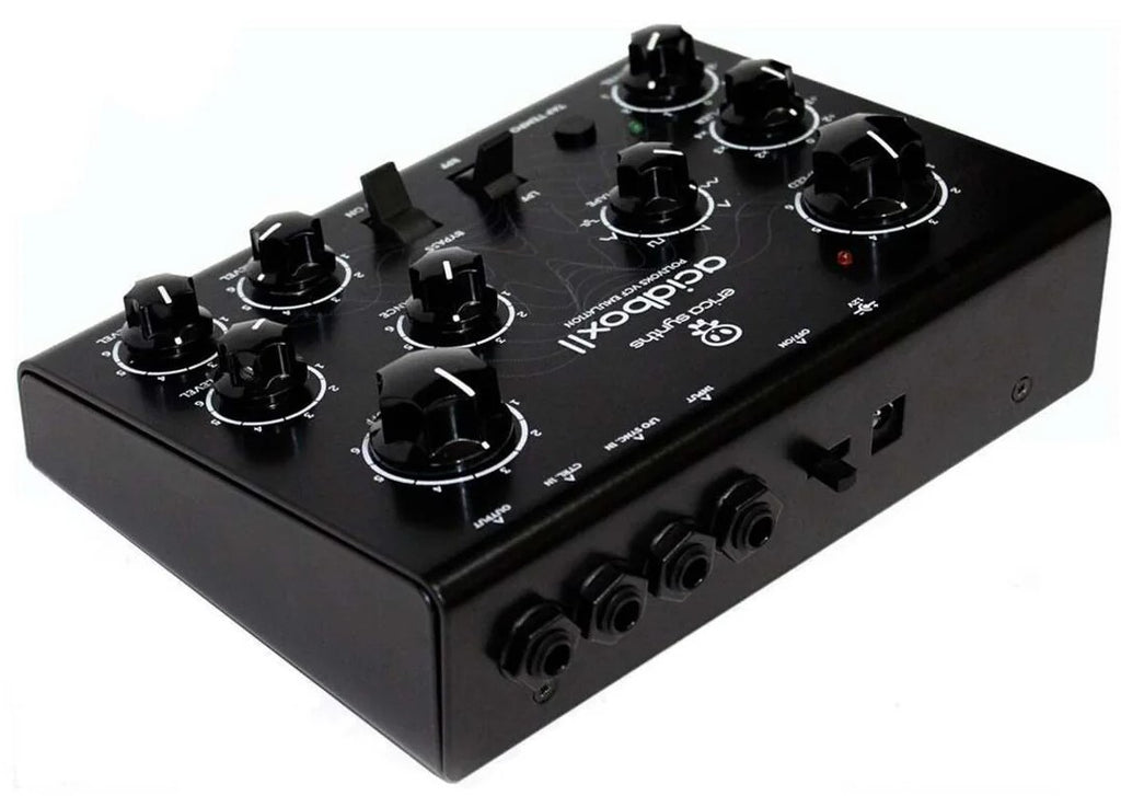 Erica Synths Acidbox III effects pedal with knobs and input/output jacks, designed for modular synth sound processing.