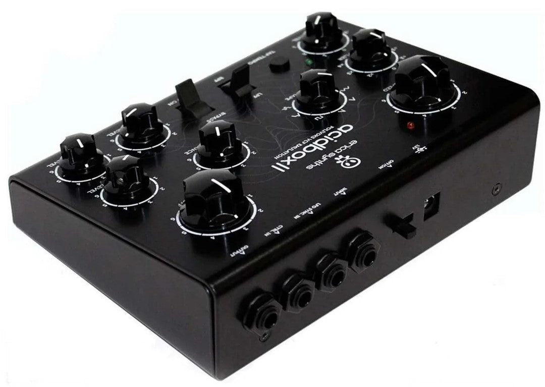Erica Synths Acidbox III effects pedal with knobs and input/output jacks, designed for modular synth sound processing.