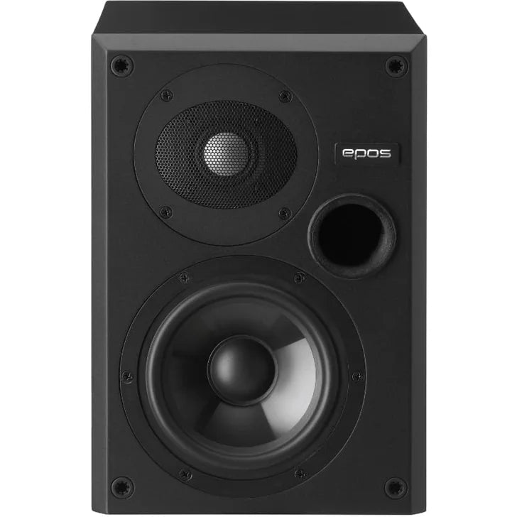 Black Epos ES-7N passive bookshelf speakers with semi-matte finish, shown from the front highlighting their sleek design.