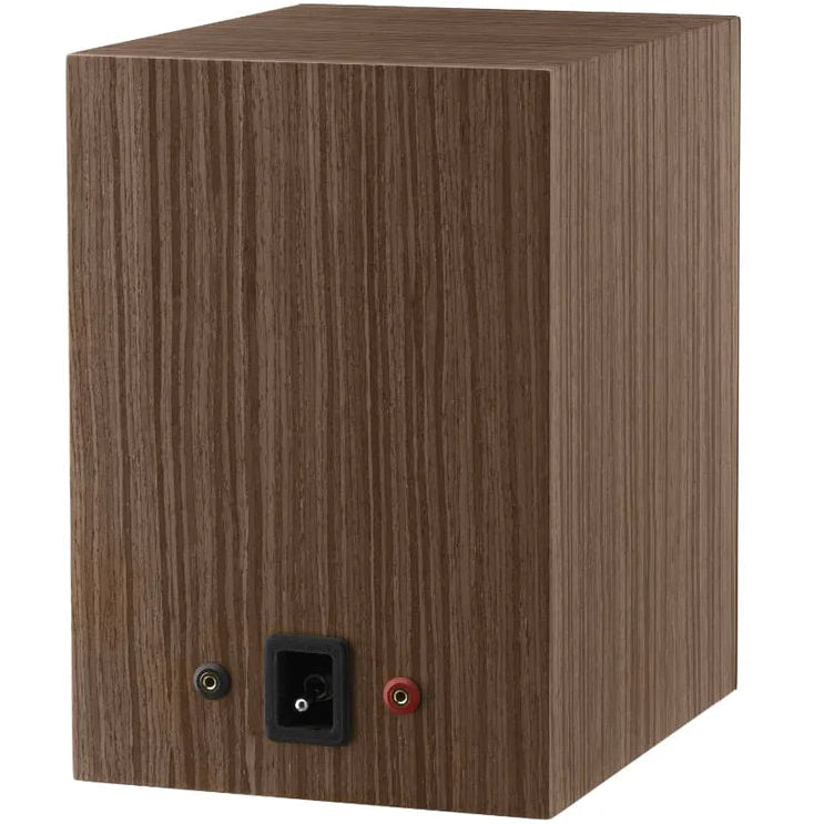 Epos ES-7N passive bookshelf speakers in black with semi-walnut finish, showing the rear connections and design details.