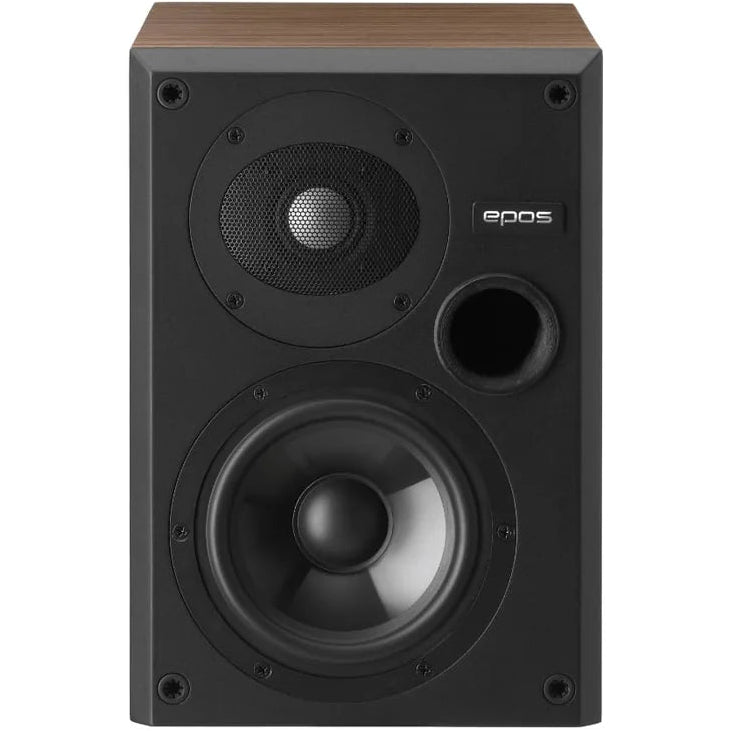 Epos ES-7N passive bookshelf speakers in black walnut finish, showing the front view with drivers and sleek design.