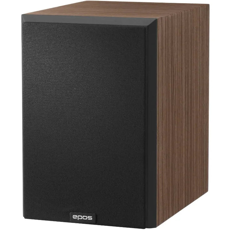 Epos ES-7N passive bookshelf speakers in black walnut finish, showcasing sleek design and detailed speaker grilles.