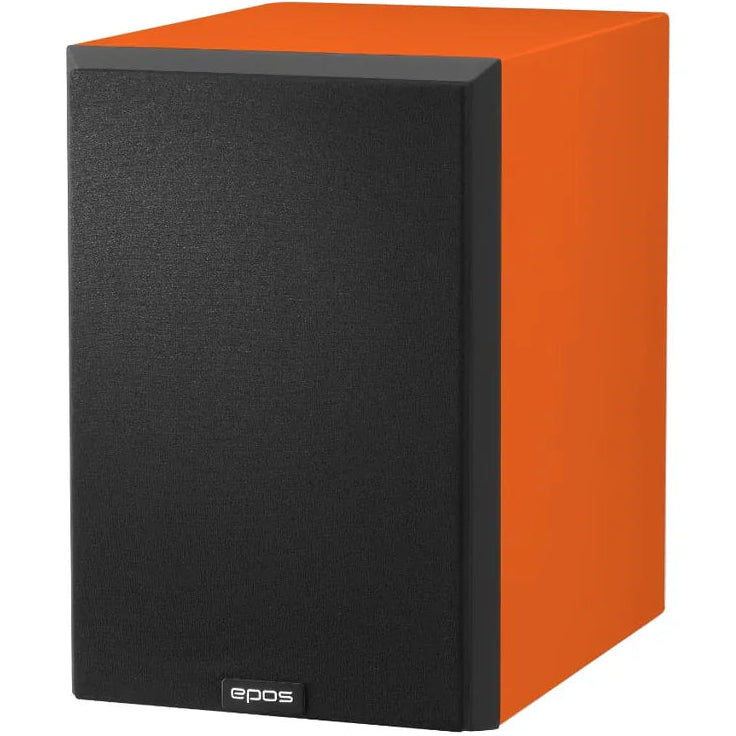Epos ES-7N passive bookshelf speakers with orange semi-matte finish, showcasing sleek design and compact size.