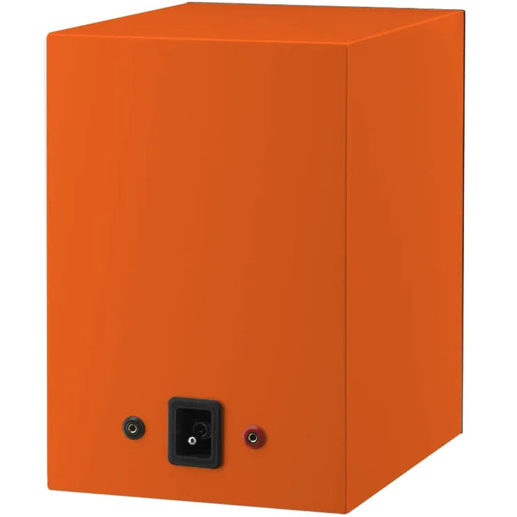Epos ES-7N passive bookshelf speakers with orange semi-matte finish and rear iso design, showcasing their sleek, modern appearance.