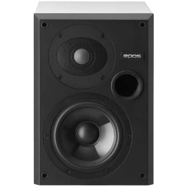 Epos ES-7N passive bookshelf speakers with white semi-matte finish and front view showcasing sleek design.