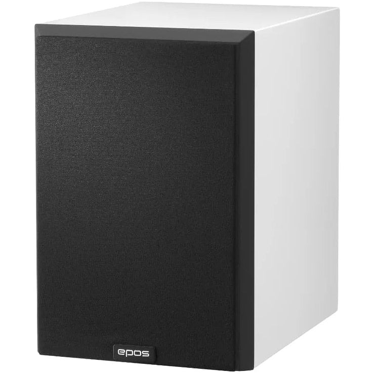 Epos ES-7N passive bookshelf speakers in white with semi-matte finish, showcasing a sleek compact design and detailed speaker drivers.