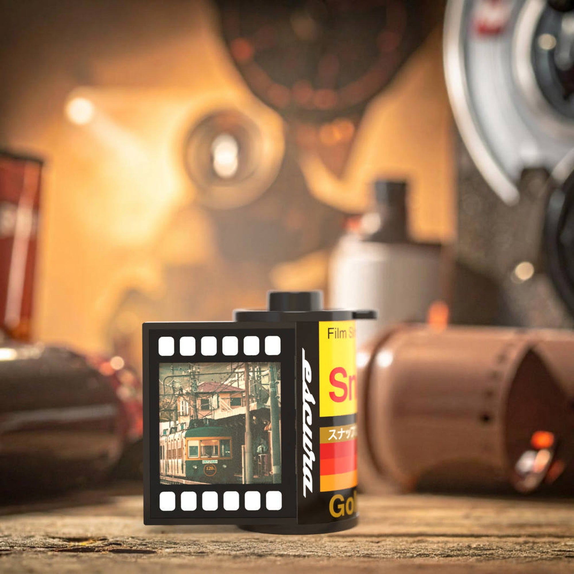 Escura SnapRoll film-canister camera in a retro scene