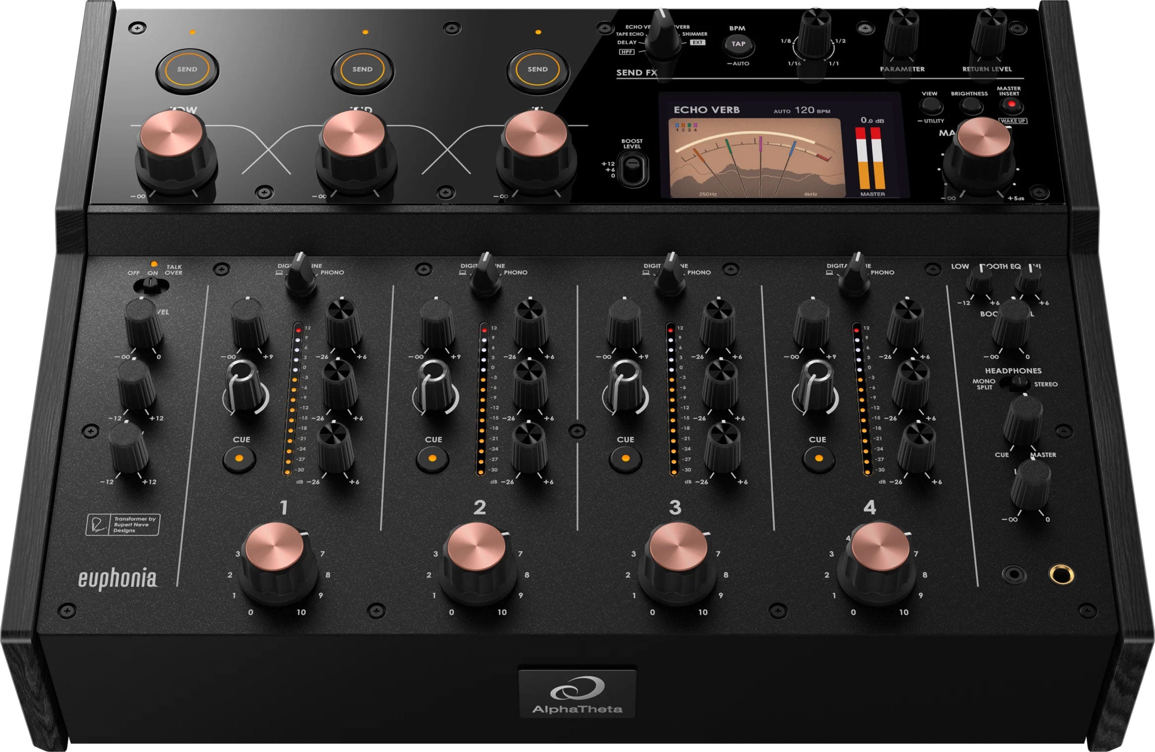 AlphaTheta Euphonia DJ mixer with multiple knobs and sliders, professional audio equipment for mixing music performances.