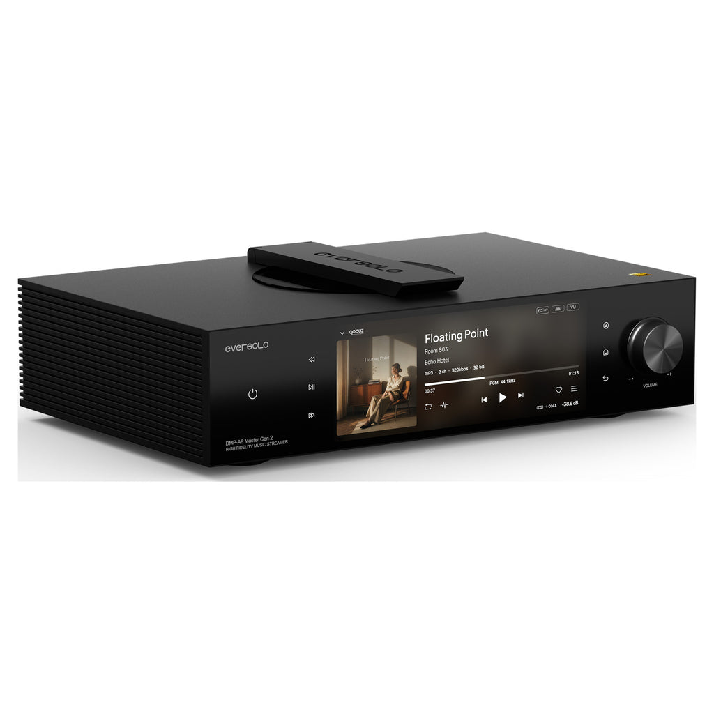 Eversolo DMP-A8 Master Edition Gen 2, angled view with CD transport lid