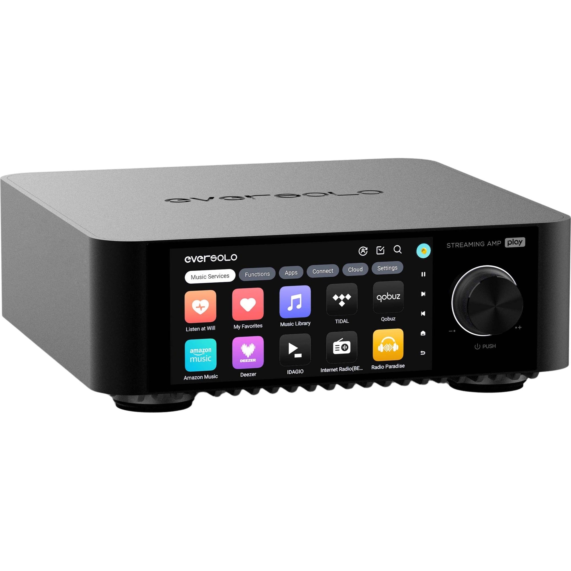 Eversolo Play music streamer with sleek design, front display, and multiple connection ports for high-quality audio streaming.