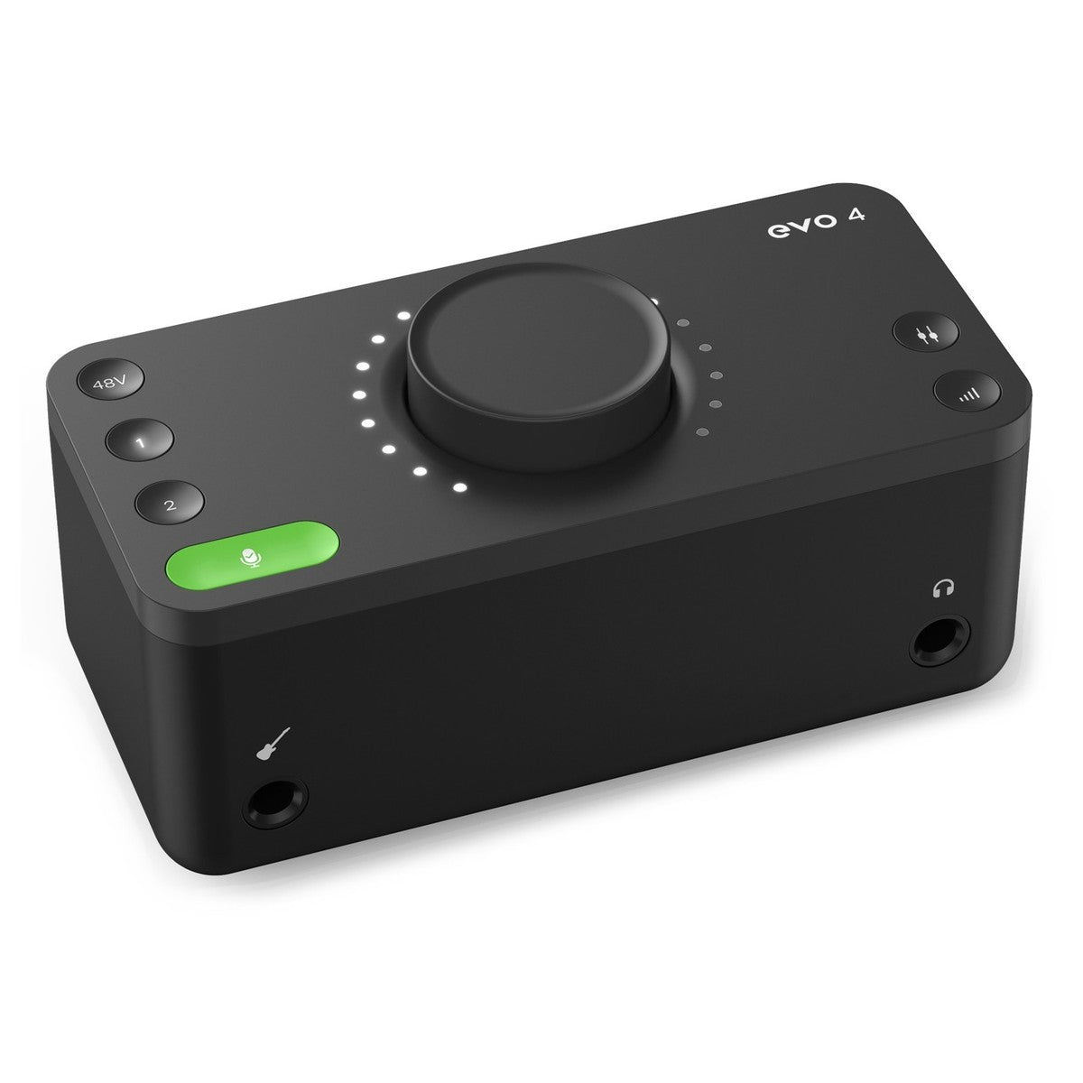 Audient EVO 4 audio interface with multiple input and output ports, compact design, and control knobs on a clean surface.